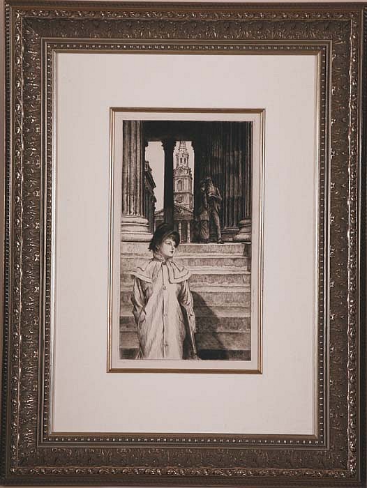 James Jacques Tissot, Le Portique de la Galerie Nationale a Londres, ca. 1887
Etching and Drypoint, 14 7/8 x 8 1/4 inches
