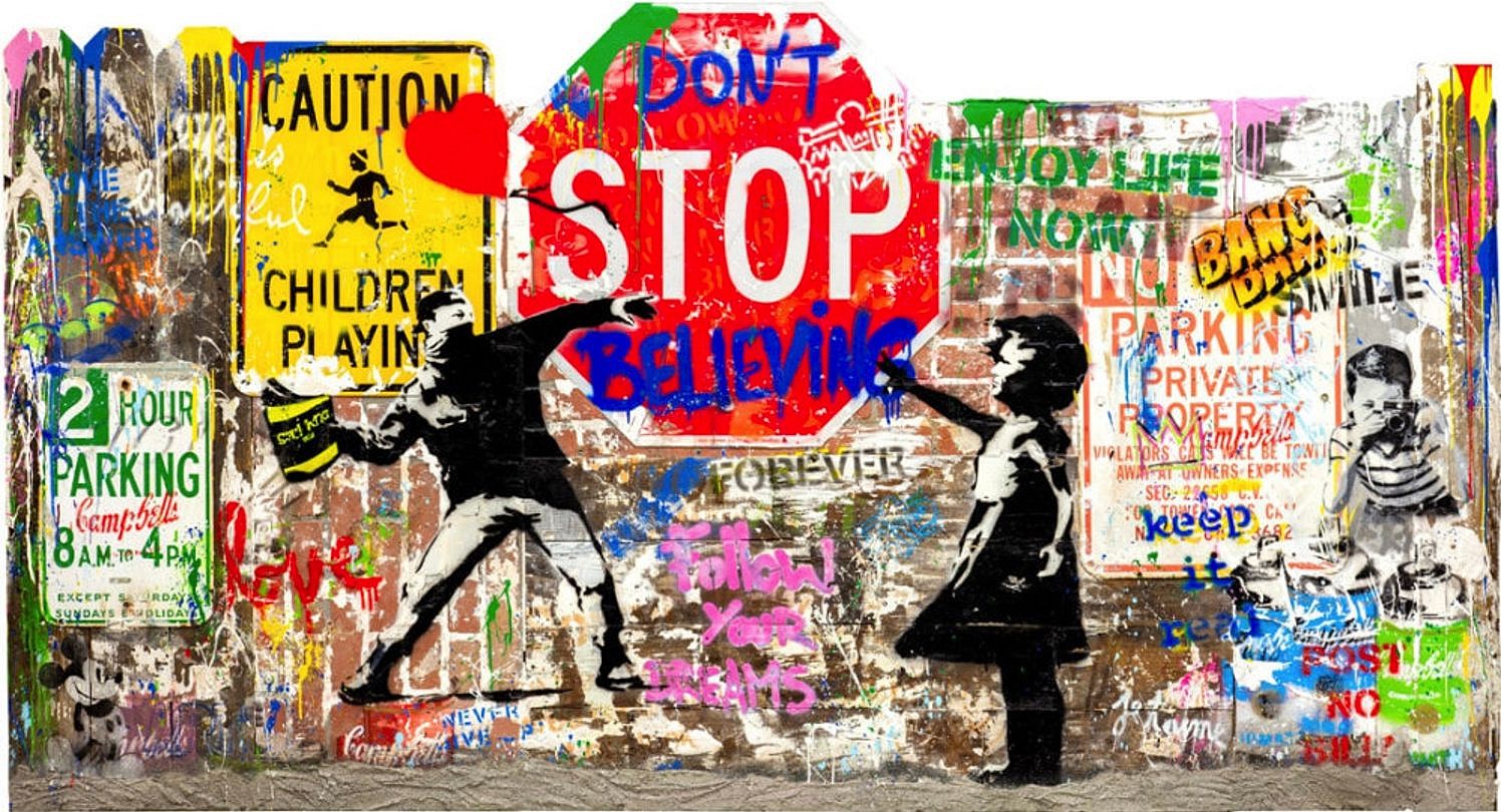 Mr. Brainwash, Pop Wall, 2023
Stencil and Mixed Media on Street Signs, Wood, Cement and Brick Panel, 55 x 101 1/4 in.