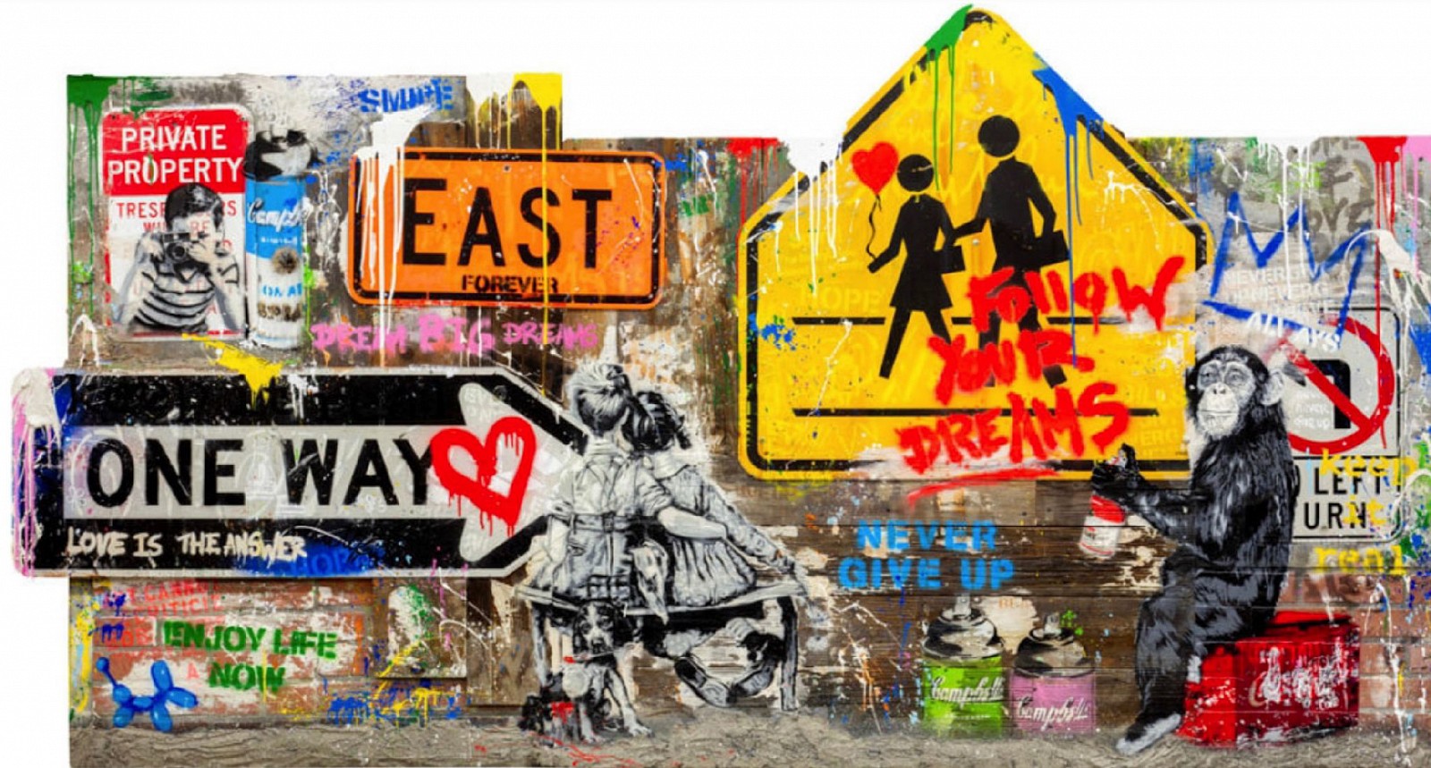 Mr. Brainwash, Pop Wall, 2023
Stencil and Mixed Media on Street Signs, Wood, Cement, and Brick Panel, 58 1/4 x 108 1/2 in.