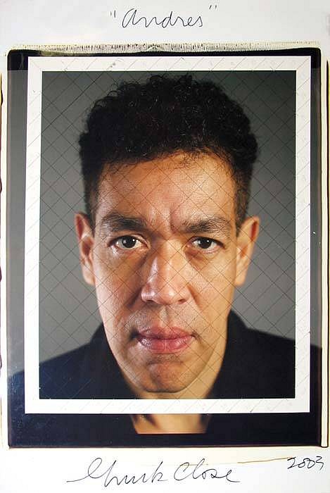 Chuck Close, Andres, 2003
Color Polaroid Photograph Mounted to Board Mounted to Two Sheets of Foam Core with Tape, Ink and Graphite, 40 x 25 inches