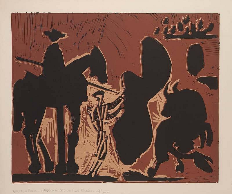 Pablo Picasso, Avant la Pique, 1959
Color Linocut on Arches Paper, 21 x 26 inches