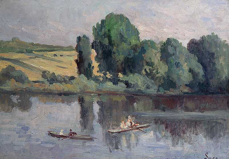 Maximilien Luce, Les Barques Rolleboise
Original Oil on Canvas, 13 x 18 1/4 inches