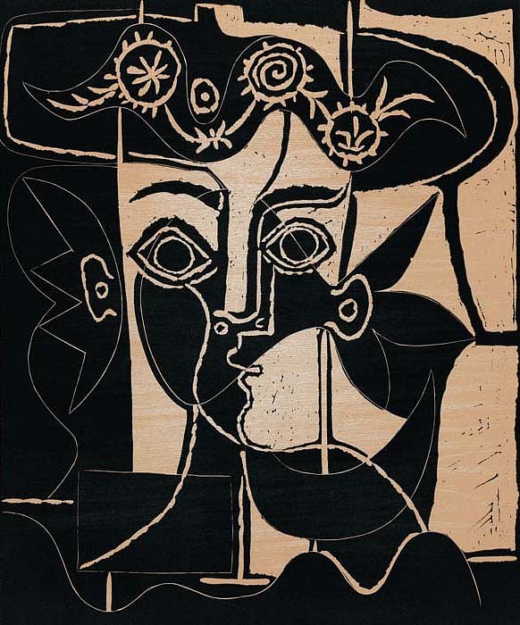 Pablo Picasso, Grande Tíªte de Femme au Chapeau Orné, 1962
Linoleum Cut Printed in Colors, 25 1/8 x 20 3/4 inches