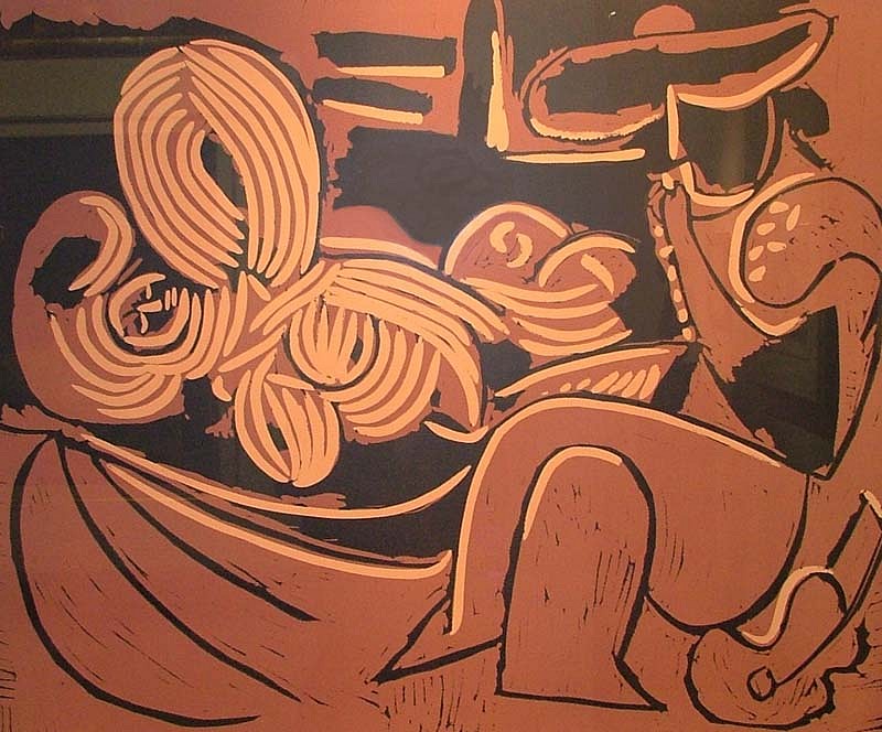 Pablo Picasso, Femme Couchée et Homme à la Guitare, 1959
Color Linocut on Arches Paper, 20 x 25 inches