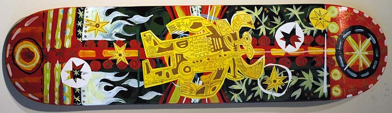 Mark T. Smith, Skate Deck: Yellow Bull, 2010
Acrylic Paint, Paint Pen on Wood, 8 x 32 inches