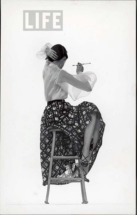 Gjon Mili, Model Dorian Leigh Wearing White Organdy Shirt with Full Print Skirt by Ceil Chapman, ca. 1950
Vintage Silver Gelatin Print (Set of 3), 10 7/8 x 6 7/8 inches