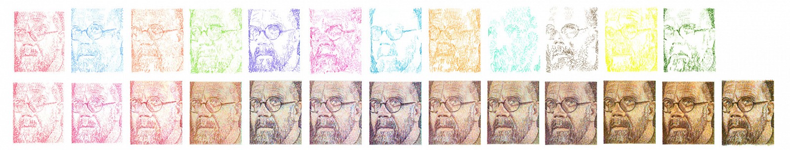 Chuck Close, Self-Portrait, Scribble, Etching Portfolio, 2000
Set of 25 Prints (12 One-Color Plate Proofs, 12 Progressive Proofs, One Final Signed), 19 3/4 x 16 3/4 inches (each)