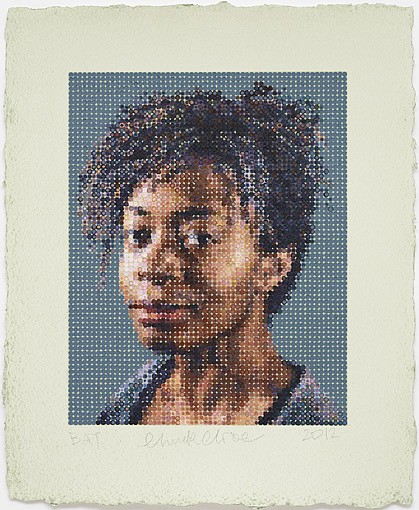 Chuck Close, Kara, 2012
Multiples made using felt stamps to hand apply oil paints on a silkscreen ground, 33 1/2 x 27 1/2 inches