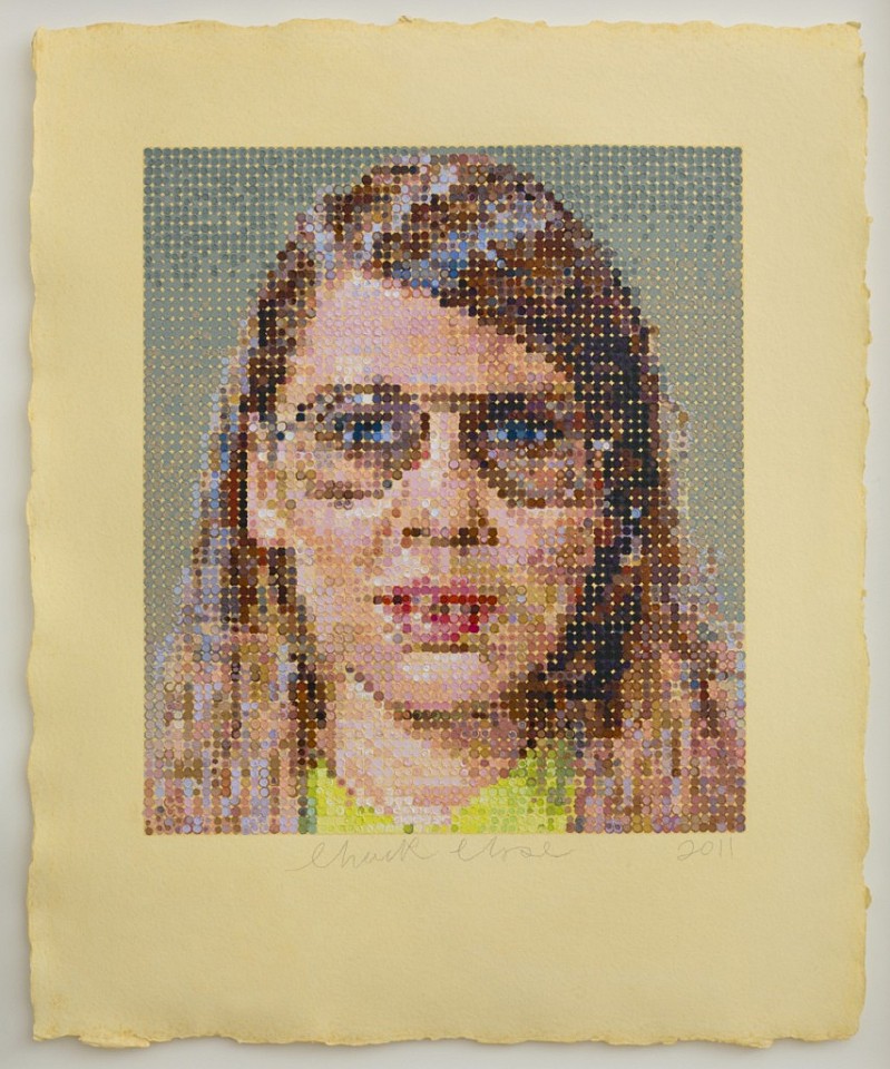 Chuck Close, Susan, 2012
Multiples made using felt stamps to hand apply oil paints on a silkscreen ground, 33 1/2 x 27 1/2 inches