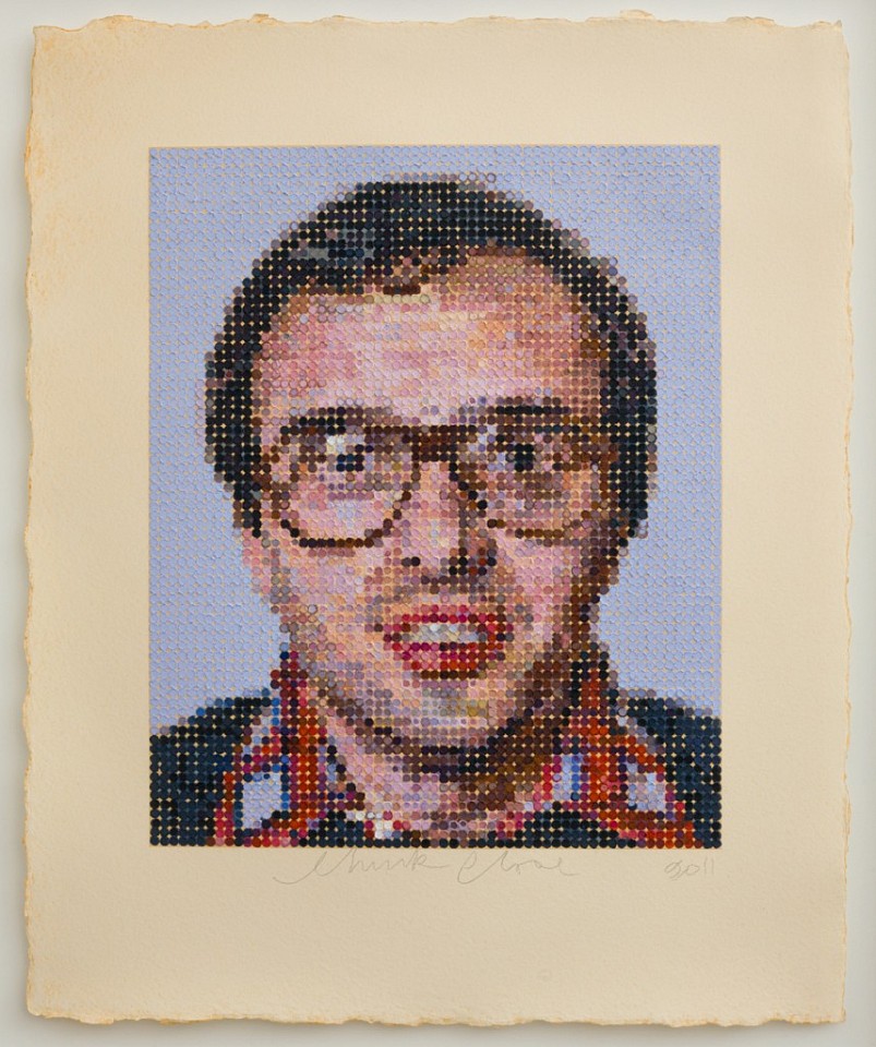 Chuck Close, Mark, 2012
Multiples made using felt stamps to hand apply oil paints on a silkscreen ground, 33 1/2 x 27 1/2 inches
