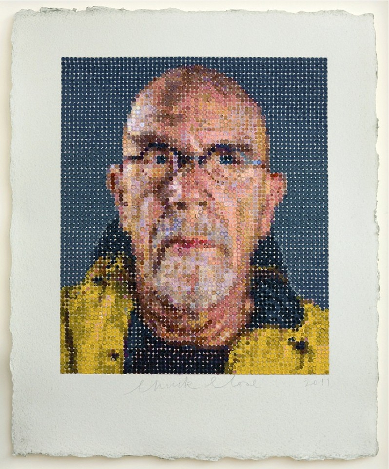 Chuck Close, Self-Portrait, 2012
Multiples made using felt stamps to hand apply oil paints on a silkscreen ground, 33 1/2 x 27 1/2 inches