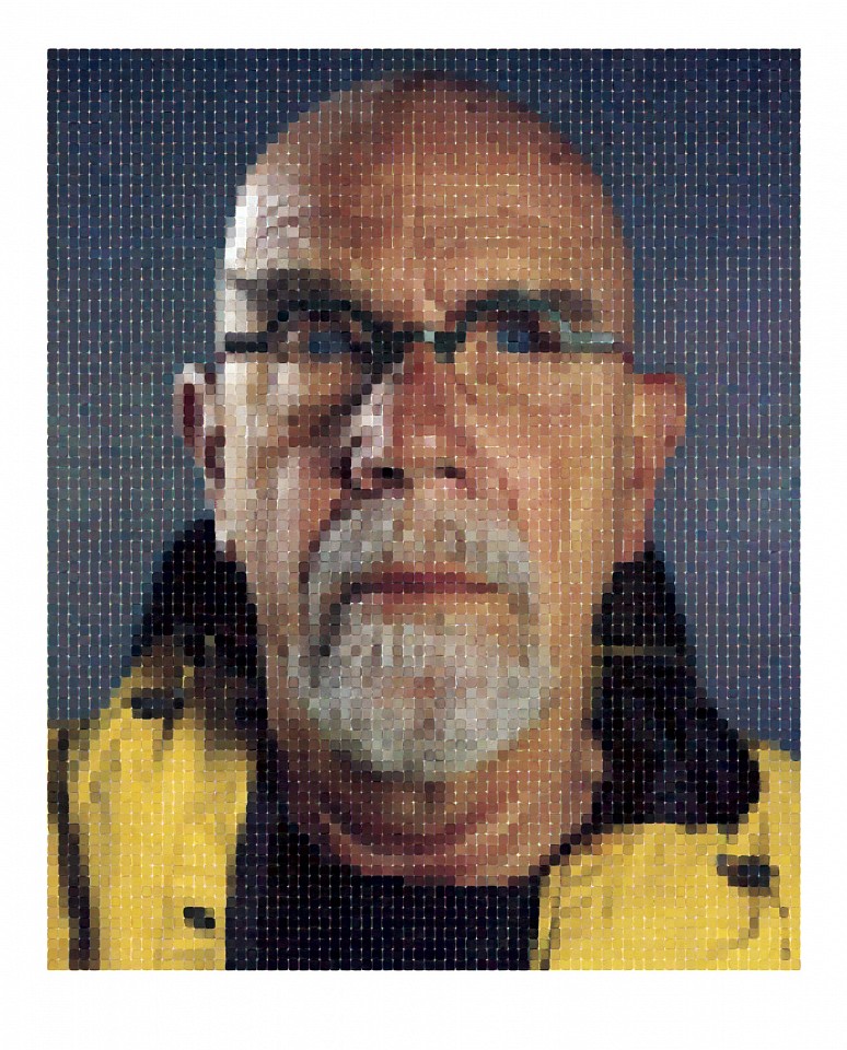 Chuck Close, Self-Portrait (Yellow Raincoat), 2013
Archival Watercolor Pigment Print on HahnemÃ¼hle Rag Paper, 75 x 60 inches