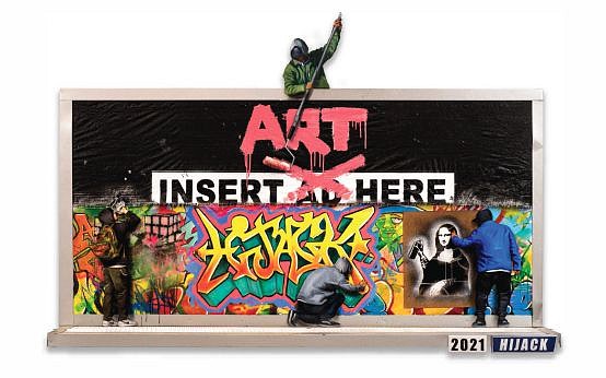 Hijack, Art Not Ads, 2021
Acrylic, Oil, Spray Paint and Woodcut on Billboard, 80 x 42 x 11 in.