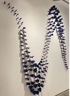 Daniele Sigalot, 200 Paper Planes Simultaneously Hitting the Wall, 2021
Cobalt Blue PVD Coating on Stainless Steel, 82 1/2 x 98 1/2 in.