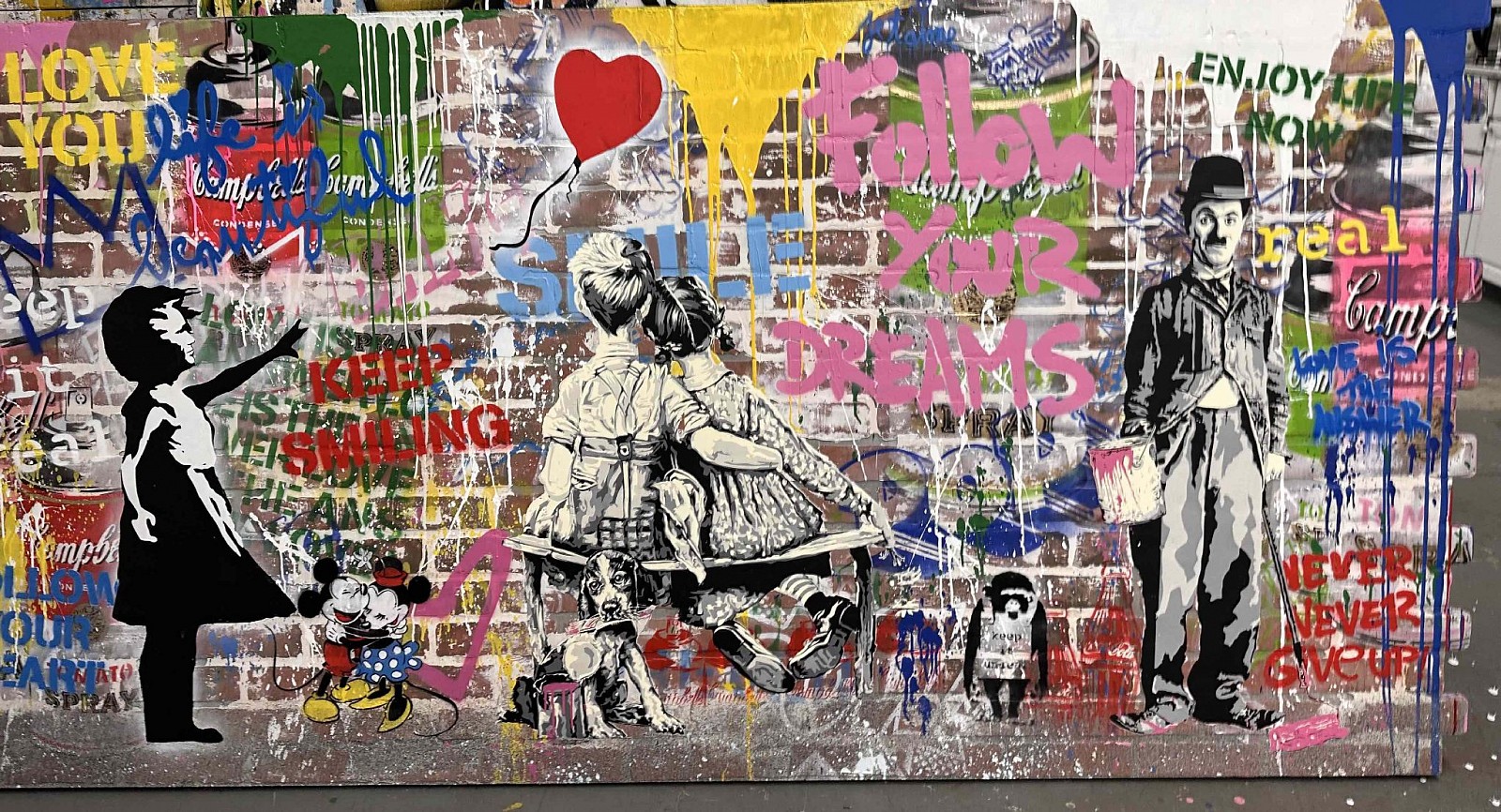 Mr. Brainwash, Pop Wall, 2022
Silkscreen and Mixed Media on Fiberglass Brick Wall, 48 x 96 in.