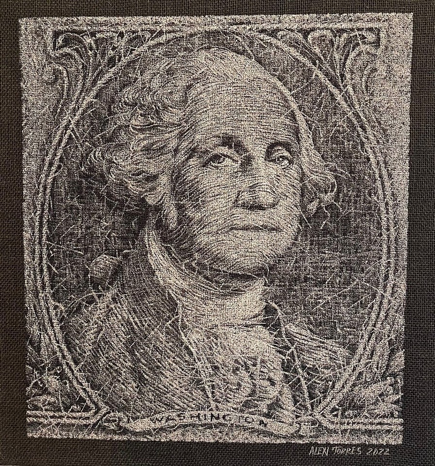 Alexi Torres, George Washington, 2022
Thread on Burlap, 18 x 17 in.