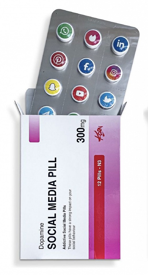 Diana Korn, Social Media Pill, 2025
Mixed Media Wall Sculpture, 51 1/5 x 20 7/50 x 5 3/25 in.