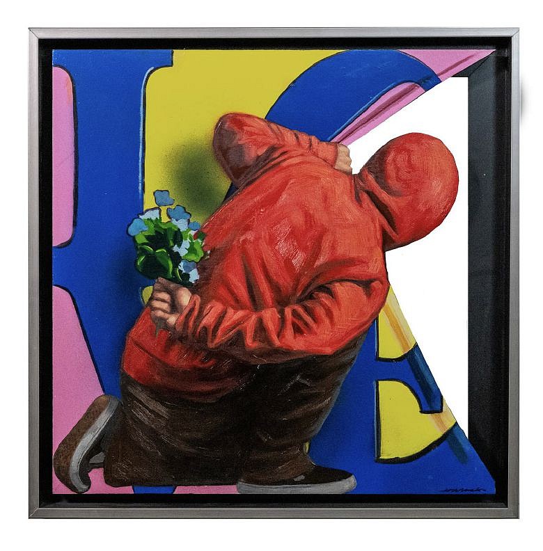 Hijack, Where is the Love?, 2024
Original Acrylic, Oil, and Spray Paint on Woodcut, 18 x 18 in.