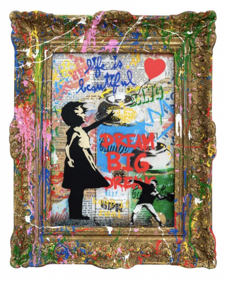 Mr. Brainwash, Balloon Girl, 2025
Original Silkscreen and Mixed Media on Canvas Panel with Splashed Frame, 20 1/2 x 16 1/4 in.
