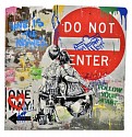 Mr. Brainwash, Work Well Together
2023, Original Silkscreen and Mixed Media on Street Sign, Cement, Wood, and Brick Panel