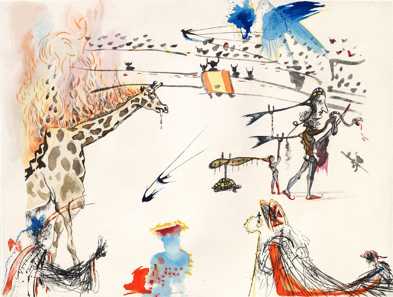 Salvador Dali, Surrealistic Bullfight Burning Giraffe, 1966-1967
Hand Colored Copper Etching on Arches, 20 x 26 in.