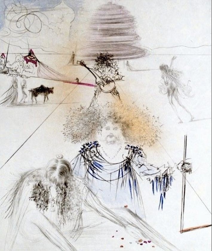Salvador Dali, Les Hippies: The Old Hippy, 1969
Hand Colored Copper Etching on Japon