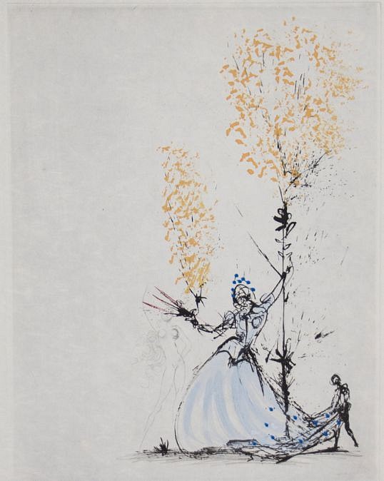 Salvador Dali, Ronsard: Woman With Page Boy, 1968
Hand Colored Copper Etching on Japon