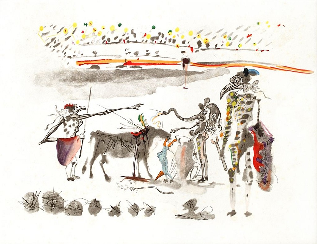 Salvador Dali, Surrealistic Bullfight Suite: The Parrots, 1966-1967
Hand Colored Copper Etching on Japon, 20 x 26 in.