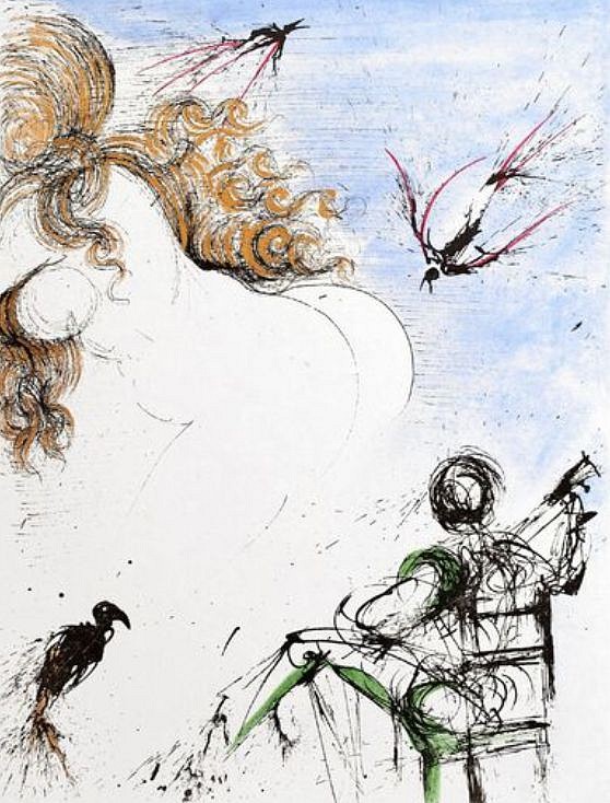 Salvador Dali, Apollinaire Suite: Woman with Parrot, 1967
Hand Colored Copper Etching on Japon, 15 x 11 in.
