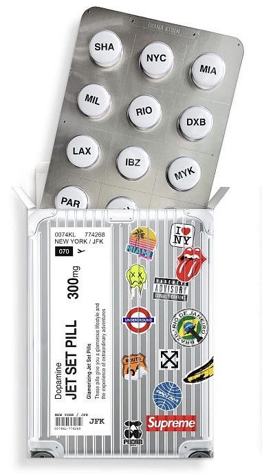 Diana Korn, Jet Set Pill 1, 2025
Mixed Media Wall Sculpture, 26 x 13 x 4 in.