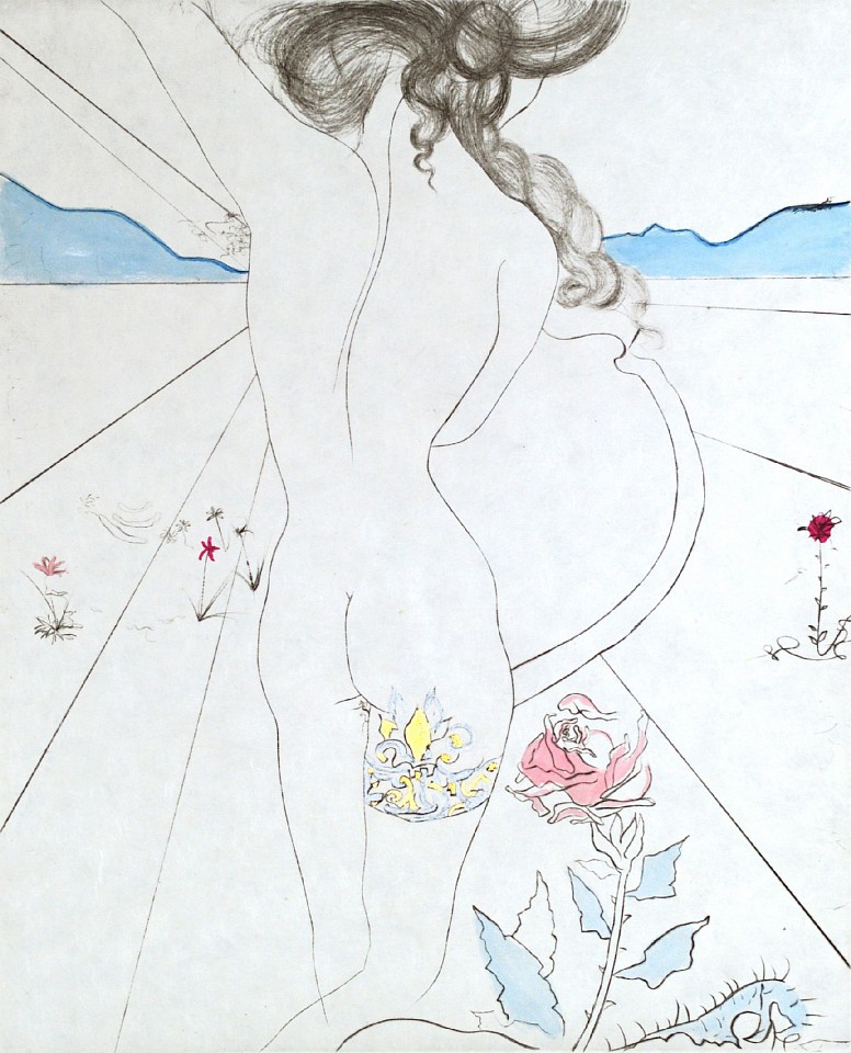 Salvador Dali, Hippies Suite: Nude With Garter, 1969
Hand Colored Copper Etching on Japon, 25 x 20 in.
