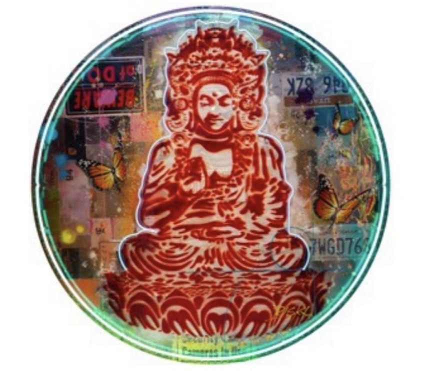 RISK, Warrior Buddha Blue, 2022
Acrylic, Aerosol, Kandy Car Paint, Crushed Abalone & Surfboard Resin on "Metallic Tissue" Collage of License Plates, 60 x 60 in.