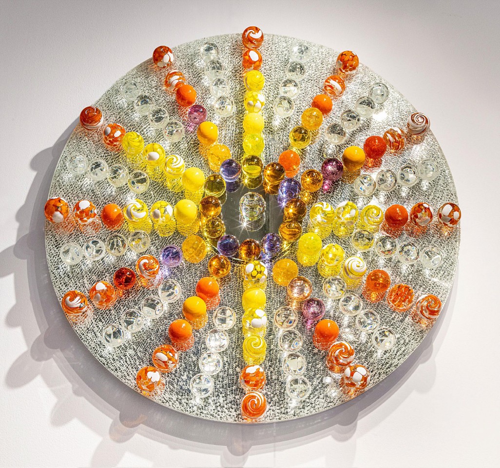 Abby Modell, Starburst Energy 
(Orange/Yellow), 2026
Crackle and silver mirror, hand-blown glass framed, 36 x 36 in.