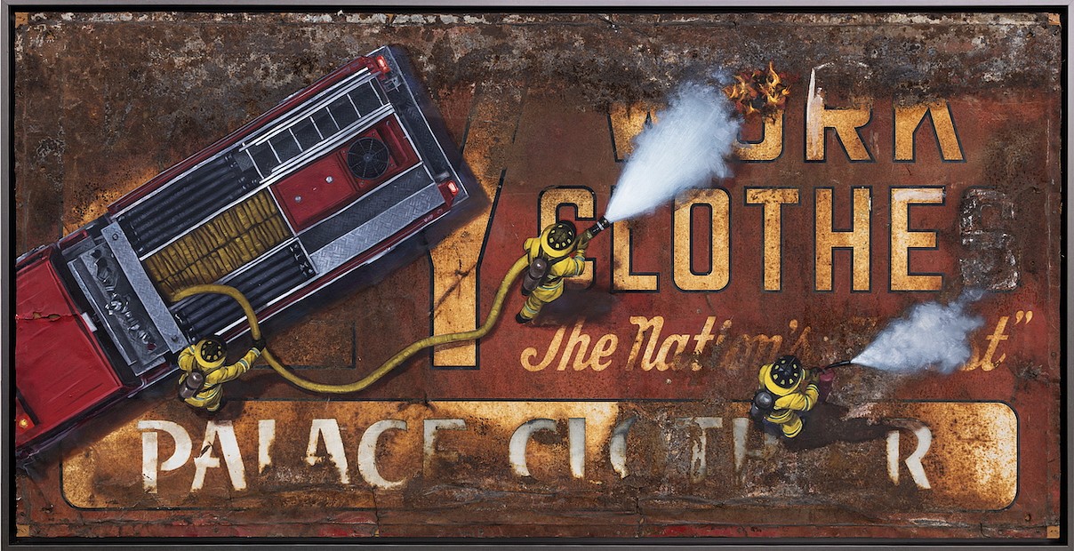 Hijack, Damage Control, 2026
Oil on Metal Sign, 35 x 71 in.